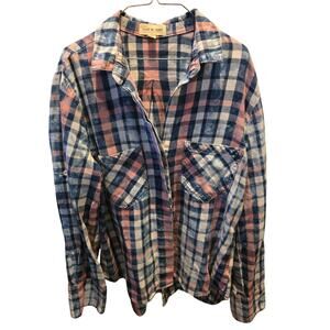 Cloth & Stone Button Front Long Sleeve Top M Womens Blue Pink Fall Plaid
